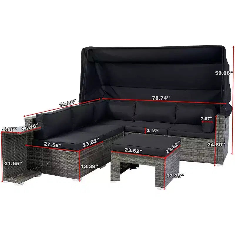 Shaped Patio Furniture Set w/Retractable Canopy, 7 Piece All Weather Heavy Duty Sofa Ideal for Garden, Porch, Backyard Black