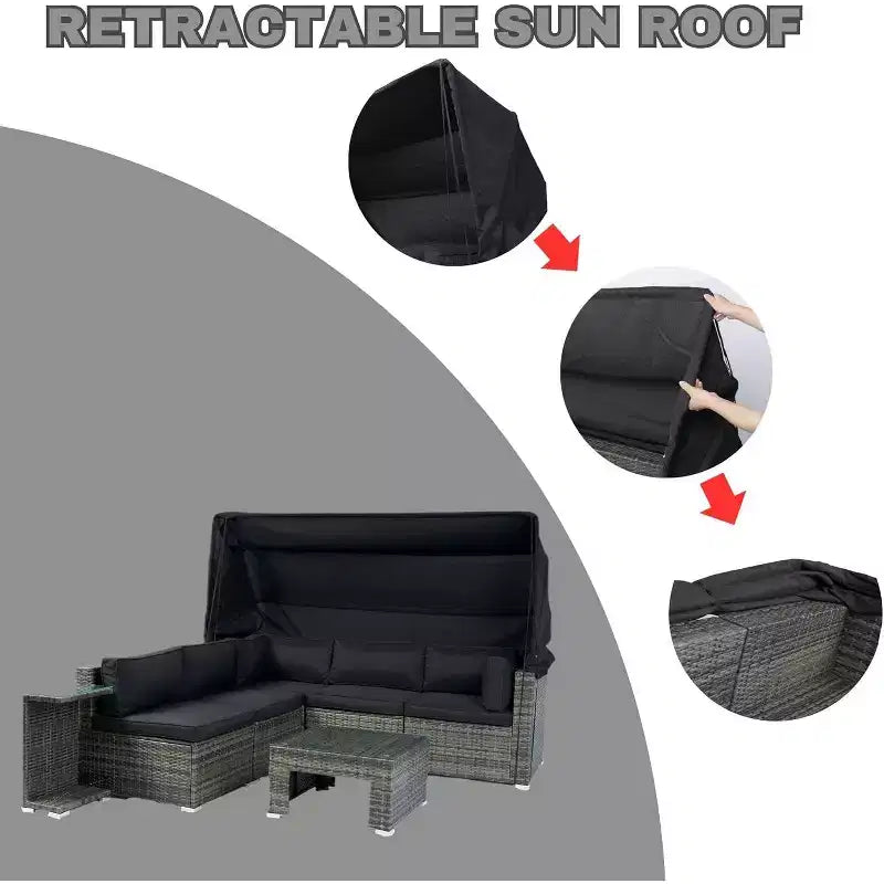 Shaped Patio Furniture Set w/Retractable Canopy, 7 Piece All Weather Heavy Duty Sofa Ideal for Garden, Porch, Backyard Black