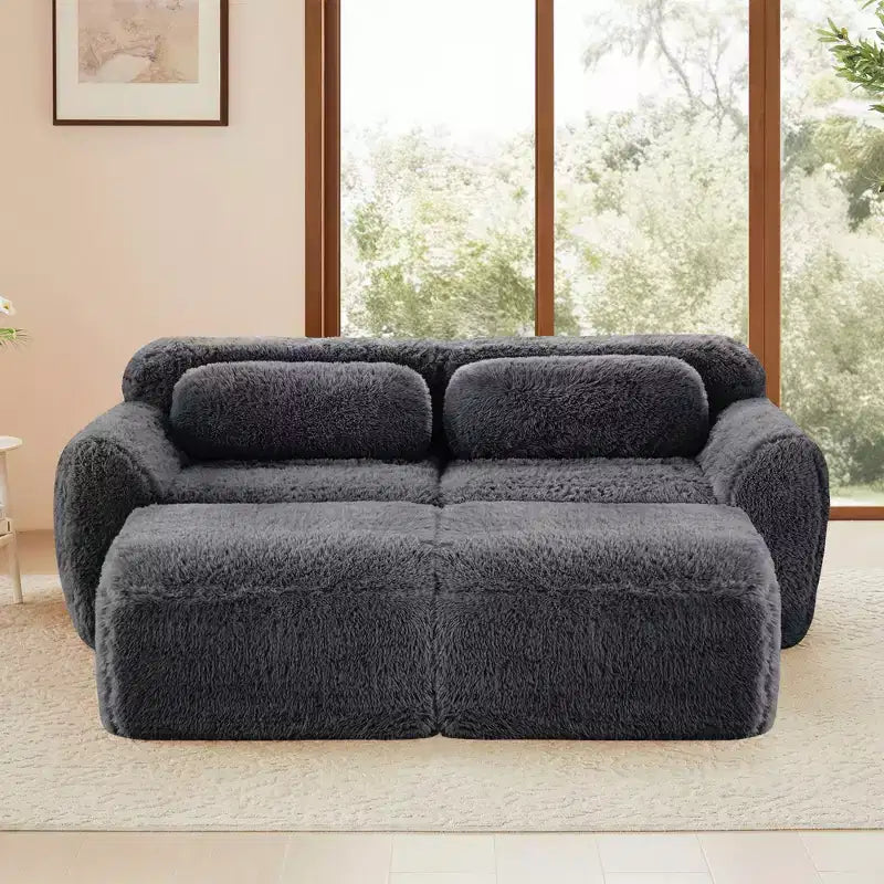 80.3 inch Light Khaki Plush Fabric Sectional Sofa with Throw Pillows and 2 Ottomans 32D High Density Sponge