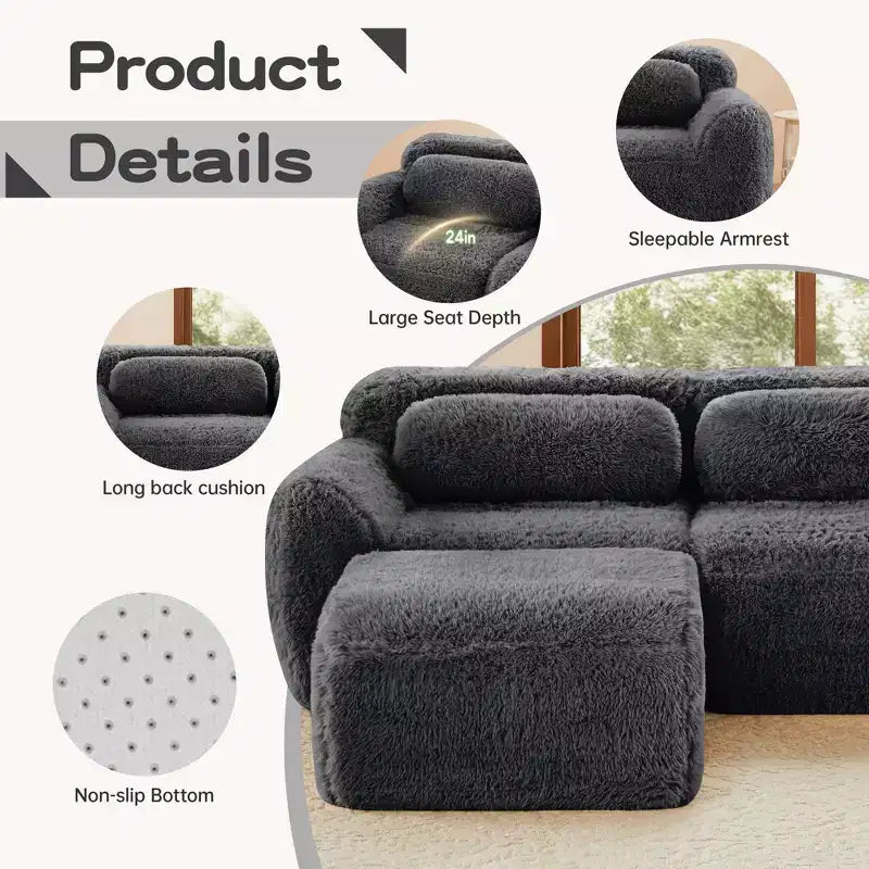 80.3 inch Light Khaki Plush Fabric Sectional Sofa with Throw Pillows and 2 Ottomans 32D High Density Sponge