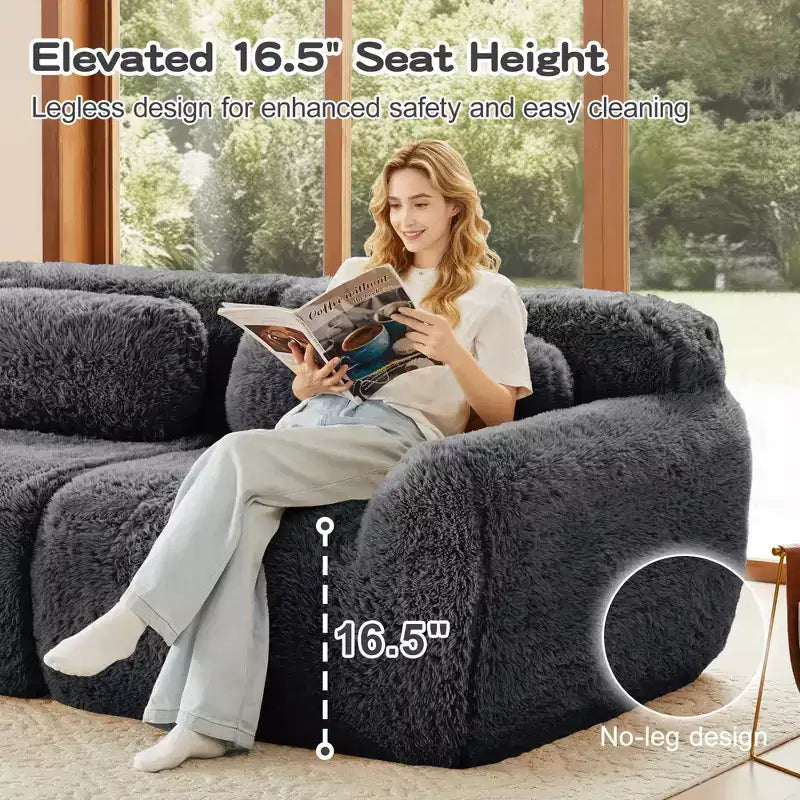 80.3 inch Light Khaki Plush Fabric Sectional Sofa with Throw Pillows and 2 Ottomans 32D High Density Sponge