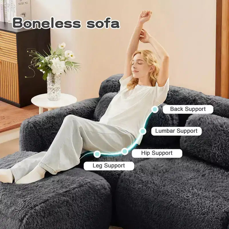 80.3 inch Light Khaki Plush Fabric Sectional Sofa with Throw Pillows and 2 Ottomans 32D High Density Sponge
