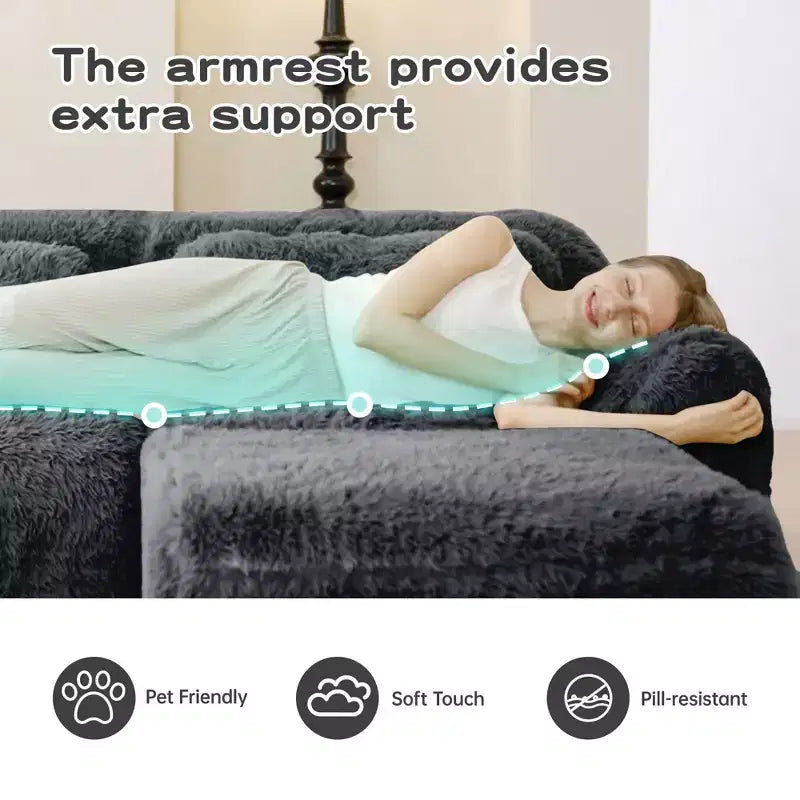 80.3 inch Light Khaki Plush Fabric Sectional Sofa with Throw Pillows and 2 Ottomans 32D High Density Sponge