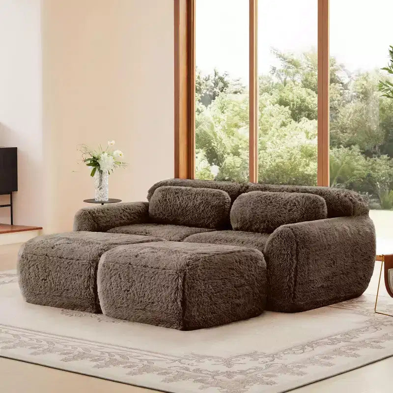 80.3 inch Light Khaki Plush Fabric Sectional Sofa with Throw Pillows and 2 Ottomans 32D High Density Sponge