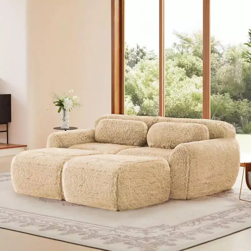 80.3 inch Light Khaki Plush Fabric Sectional Sofa with Throw Pillows and 2 Ottomans 32D High Density Sponge
