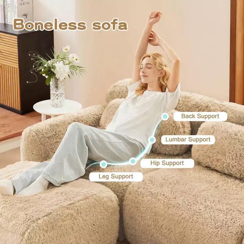 80.3 inch Light Khaki Plush Fabric Sectional Sofa with Throw Pillows and 2 Ottomans 32D High Density Sponge