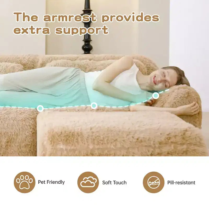 80.3 inch Light Khaki Plush Fabric Sectional Sofa with Throw Pillows and 2 Ottomans 32D High Density Sponge