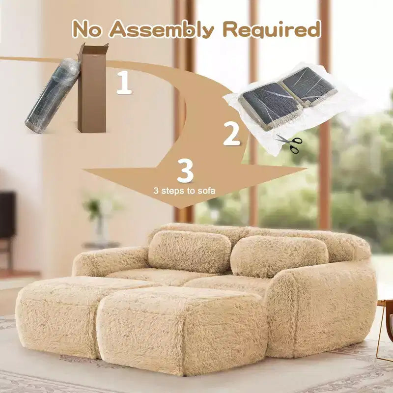 80.3 inch Light Khaki Plush Fabric Sectional Sofa with Throw Pillows and 2 Ottomans 32D High Density Sponge