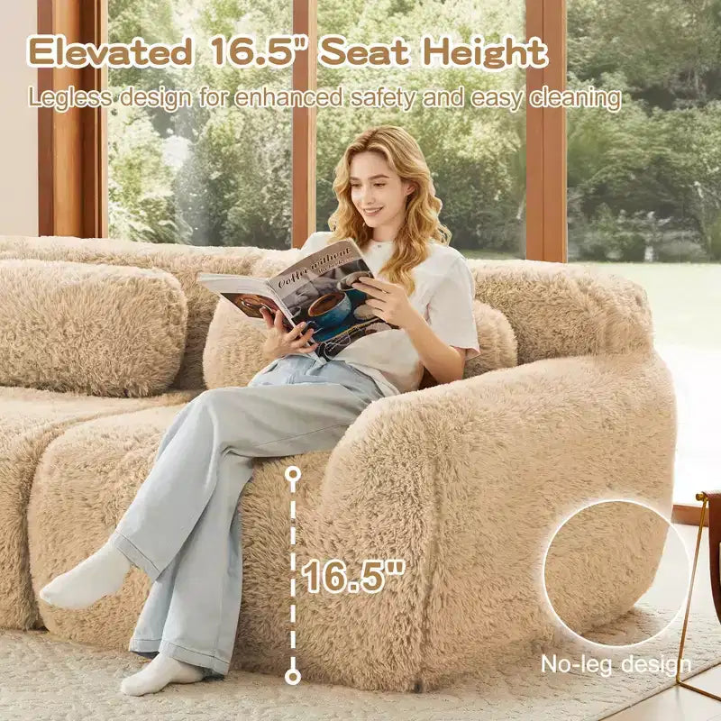 80.3 inch Light Khaki Plush Fabric Sectional Sofa with Throw Pillows and 2 Ottomans 32D High Density Sponge