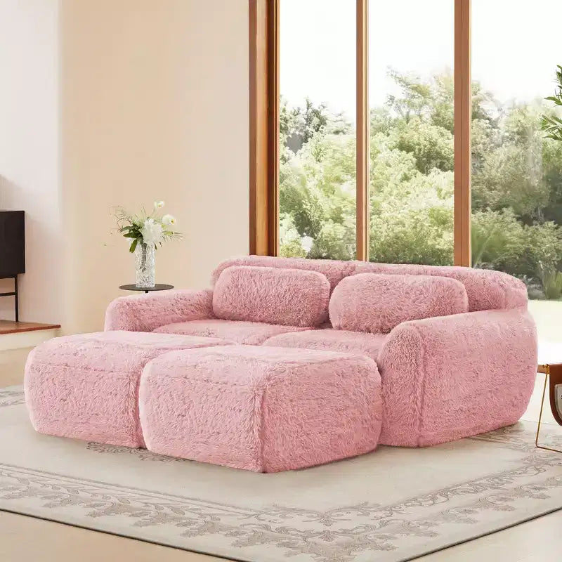 80.3 inch Light Khaki Plush Fabric Sectional Sofa with Throw Pillows and 2 Ottomans 32D High Density Sponge