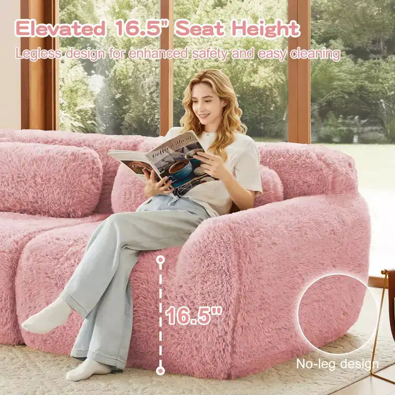 80.3 inch Light Khaki Plush Fabric Sectional Sofa with Throw Pillows and 2 Ottomans 32D High Density Sponge
