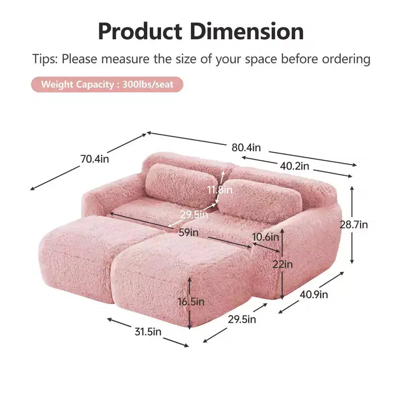 80.3 inch Light Khaki Plush Fabric Sectional Sofa with Throw Pillows and 2 Ottomans 32D High Density Sponge
