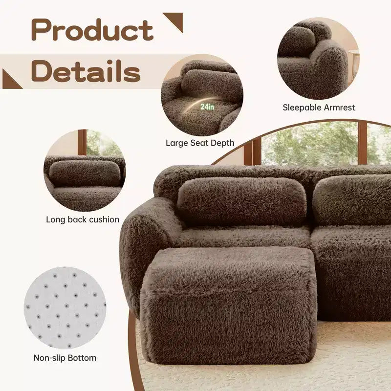 80.3 inch Light Khaki Plush Fabric Sectional Sofa with Throw Pillows and 2 Ottomans 32D High Density Sponge