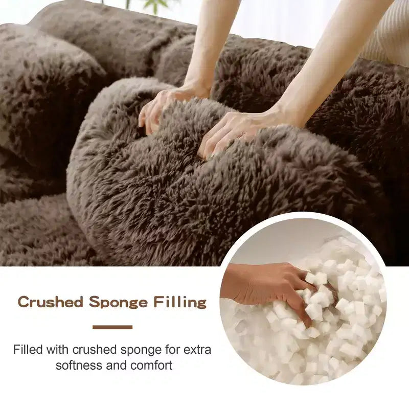 80.3 inch Light Khaki Plush Fabric Sectional Sofa with Throw Pillows and 2 Ottomans 32D High Density Sponge