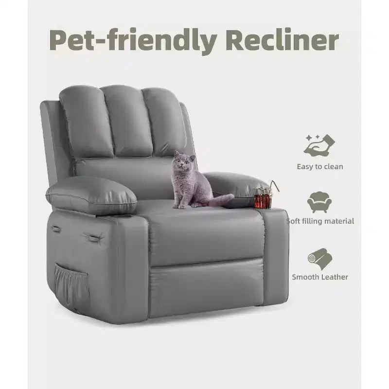 Recliner Chair, PU Leather Reading Recliner with Heat & Massage, Soft Lazy Boy Recliner Chair with 2 Cup Holders for Living Room, Bedrooms Nurseries