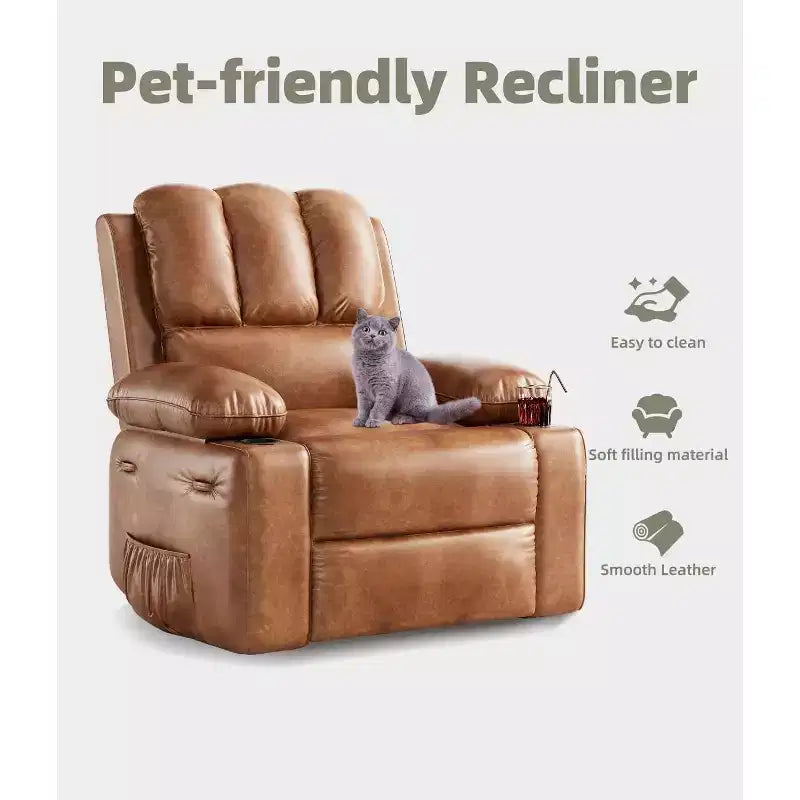 Recliner Chair, PU Leather Reading Recliner with Heat & Massage, Soft Lazy Boy Recliner Chair with 2 Cup Holders for Living Room, Bedrooms Nurseries