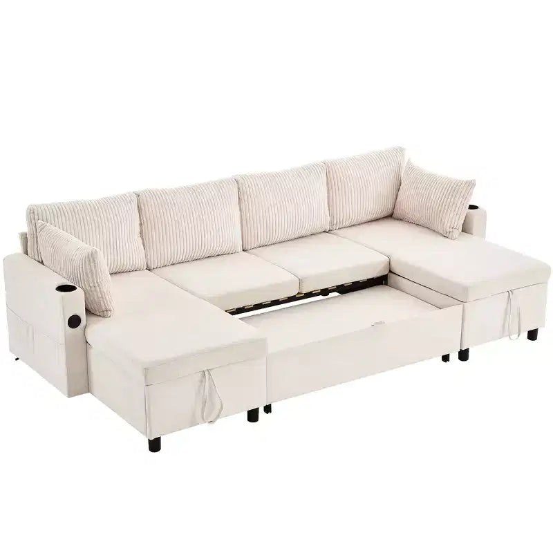 Whisen 113.4 Sectional Sofa, Pull-out Sofa Bed, Versatile Couch with Large Storage Space, Two Cup Holders