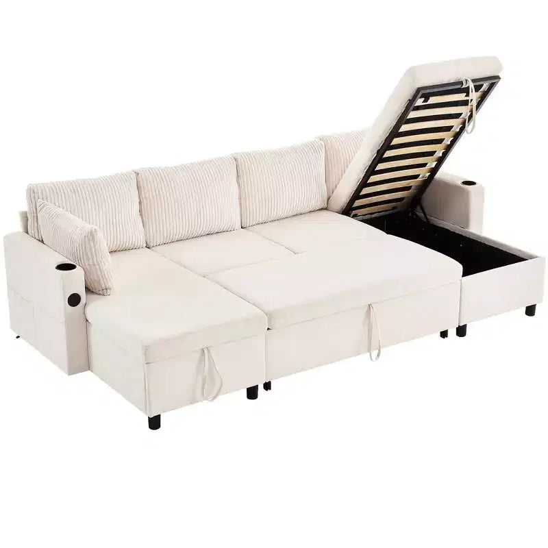 Whisen 113.4 Sectional Sofa, Pull-out Sofa Bed, Versatile Couch with Large Storage Space, Two Cup Holders