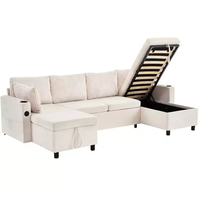 Whisen 113.4 Sectional Sofa, Pull-out Sofa Bed, Versatile Couch with Large Storage Space, Two Cup Holders