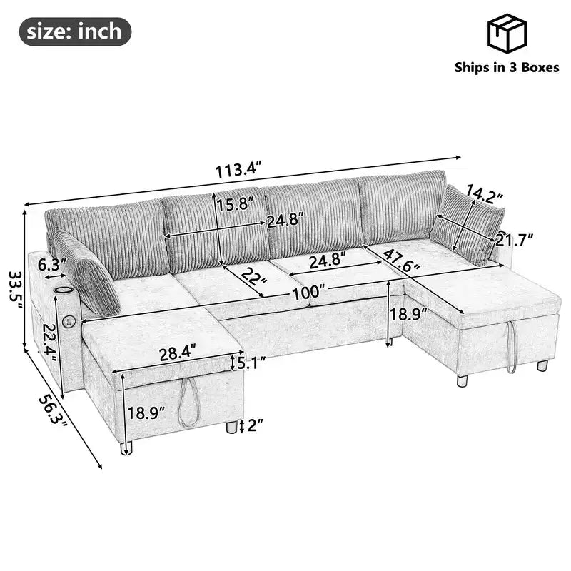 Whisen 113.4 Sectional Sofa, Pull-out Sofa Bed, Versatile Couch with Large Storage Space, Two Cup Holders