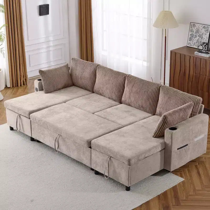 Whisen 113.4 Sectional Sofa, Pull-out Sofa Bed, Versatile Couch with Large Storage Space, Two Cup Holders
