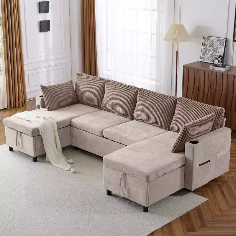 Whisen 113.4 Sectional Sofa, Pull-out Sofa Bed, Versatile Couch with Large Storage Space, Two Cup Holders
