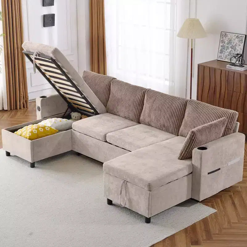 Whisen 113.4 Sectional Sofa, Pull-out Sofa Bed, Versatile Couch with Large Storage Space, Two Cup Holders