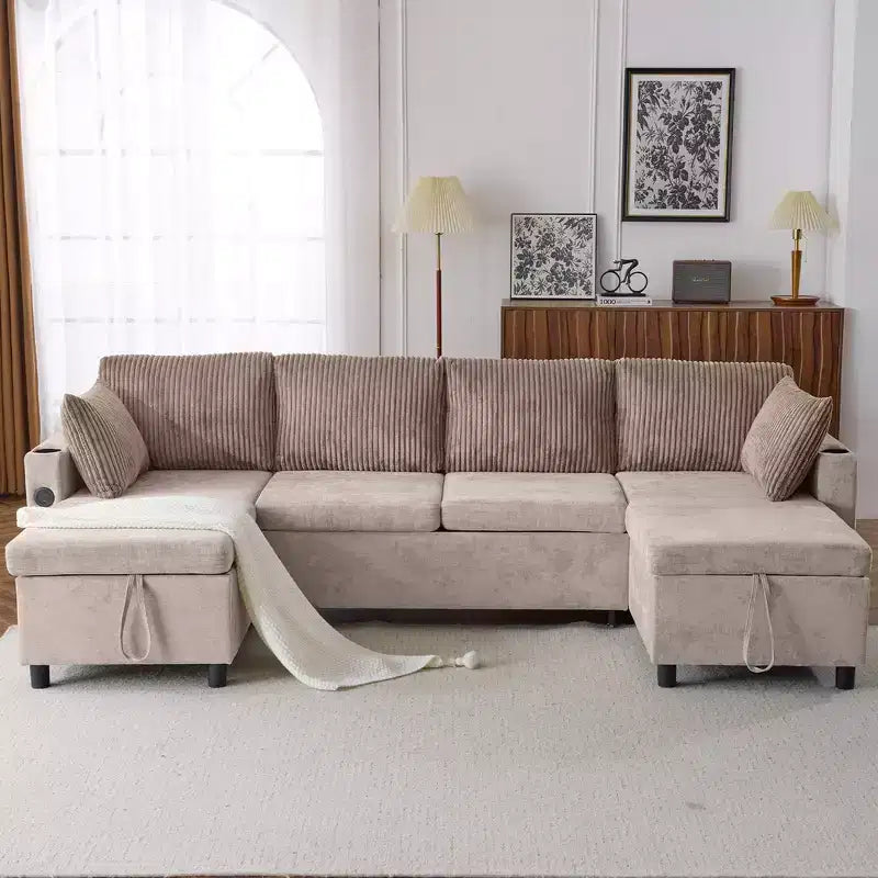 Whisen 113.4 Sectional Sofa, Pull-out Sofa Bed, Versatile Couch with Large Storage Space, Two Cup Holders