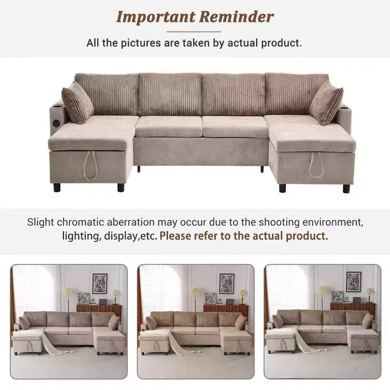 Whisen 113.4 Sectional Sofa, Pull-out Sofa Bed, Versatile Couch with Large Storage Space, Two Cup Holders
