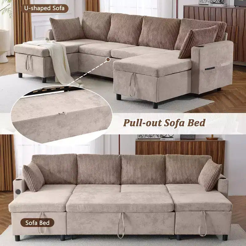 Whisen 113.4 Sectional Sofa, Pull-out Sofa Bed, Versatile Couch with Large Storage Space, Two Cup Holders