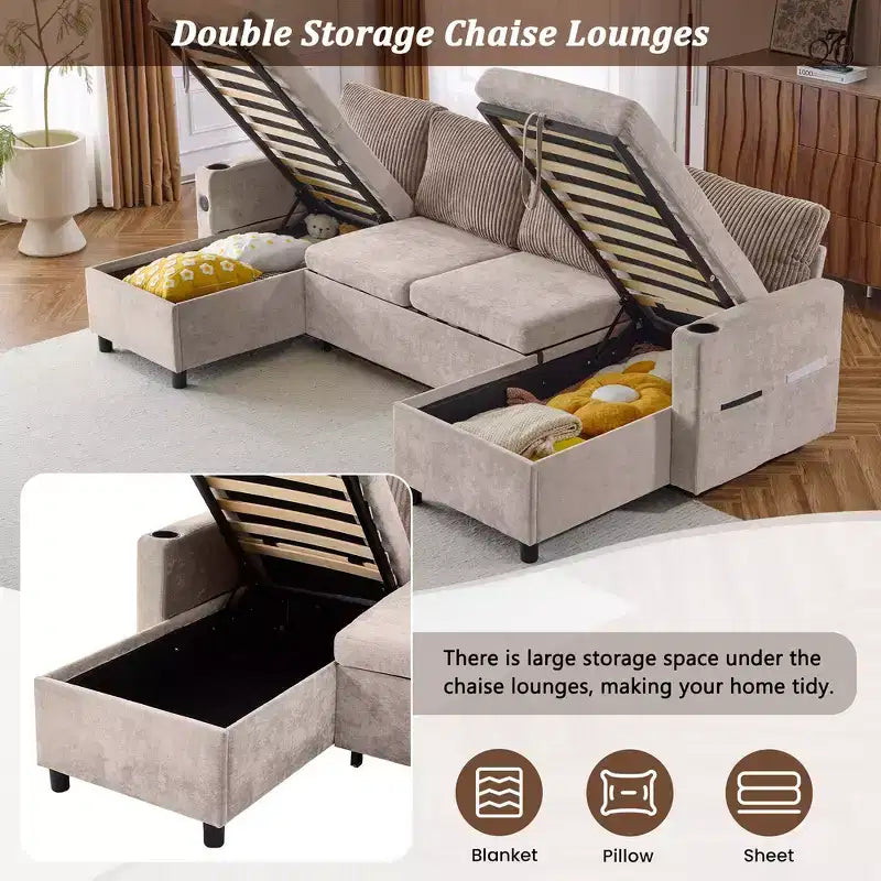 Whisen 113.4 Sectional Sofa, Pull-out Sofa Bed, Versatile Couch with Large Storage Space, Two Cup Holders