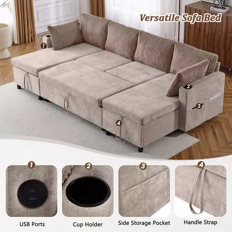 Whisen 113.4 Sectional Sofa, Pull-out Sofa Bed, Versatile Couch with Large Storage Space, Two Cup Holders