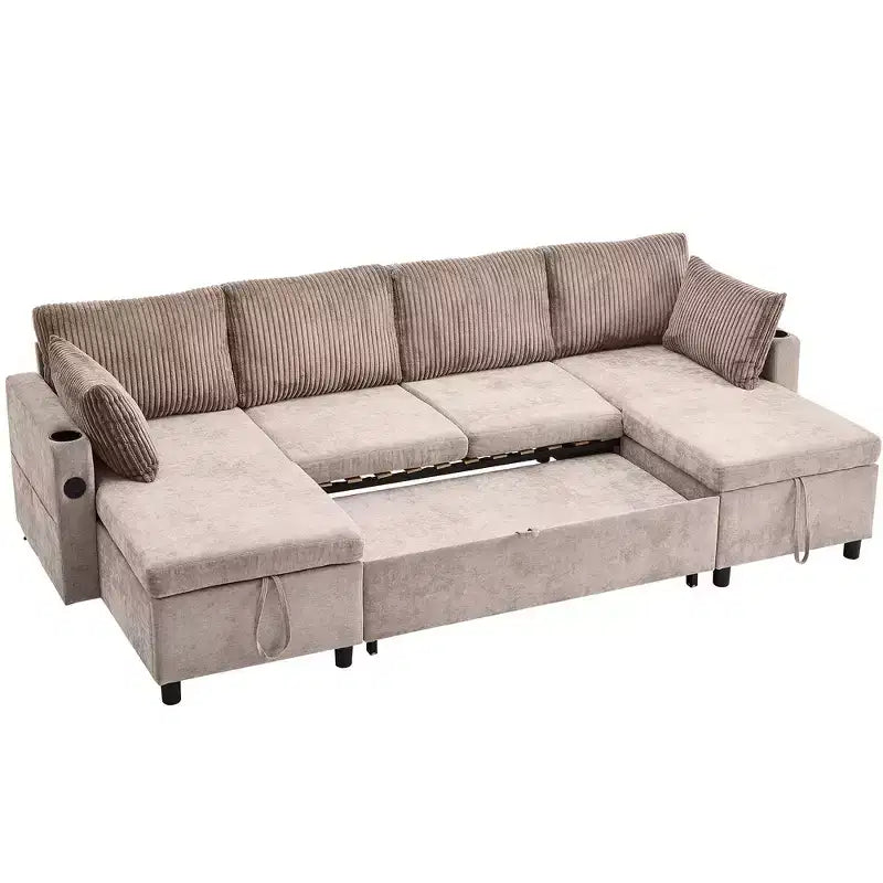 Whisen 113.4 Sectional Sofa, Pull-out Sofa Bed, Versatile Couch with Large Storage Space, Two Cup Holders