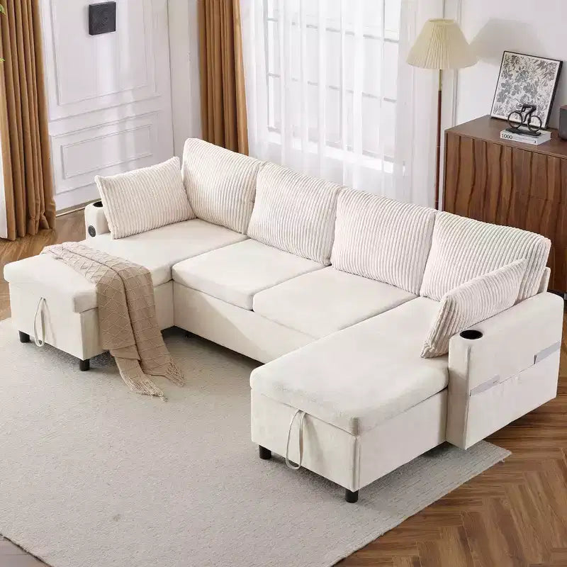 Whisen 113.4 Sectional Sofa, Pull-out Sofa Bed, Versatile Couch with Large Storage Space, Two Cup Holders