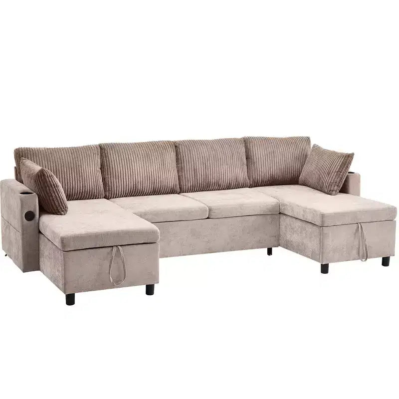Whisen 113.4 Sectional Sofa, Pull-out Sofa Bed, Versatile Couch with Large Storage Space, Two Cup Holders