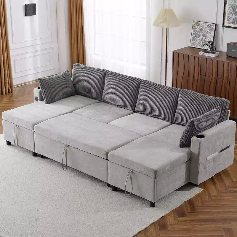 Whisen 113.4 Sectional Sofa, Pull-out Sofa Bed, Versatile Couch with Large Storage Space, Two Cup Holders