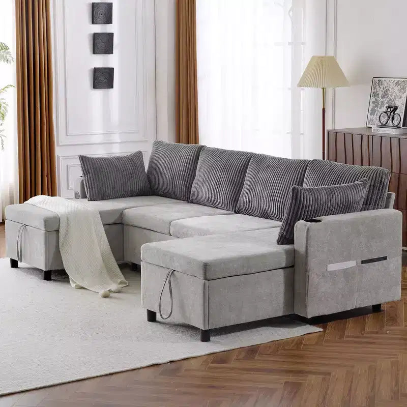 Whisen 113.4 Sectional Sofa, Pull-out Sofa Bed, Versatile Couch with Large Storage Space, Two Cup Holders
