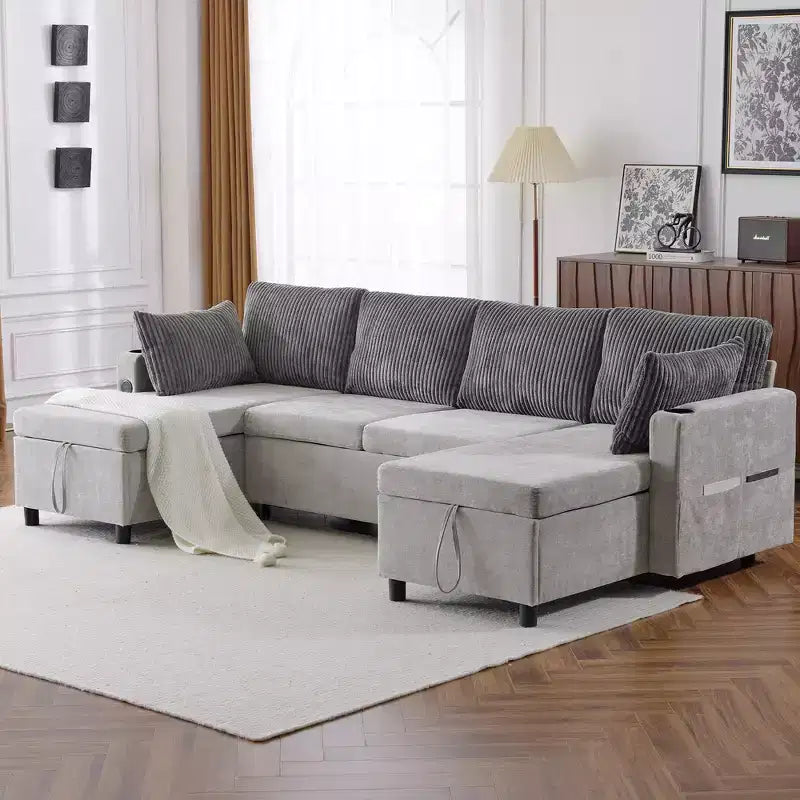 Whisen 113.4 Sectional Sofa, Pull-out Sofa Bed, Versatile Couch with Large Storage Space, Two Cup Holders