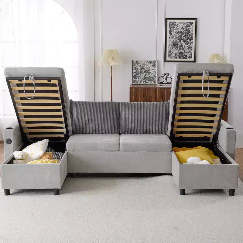 Whisen 113.4 Sectional Sofa, Pull-out Sofa Bed, Versatile Couch with Large Storage Space, Two Cup Holders
