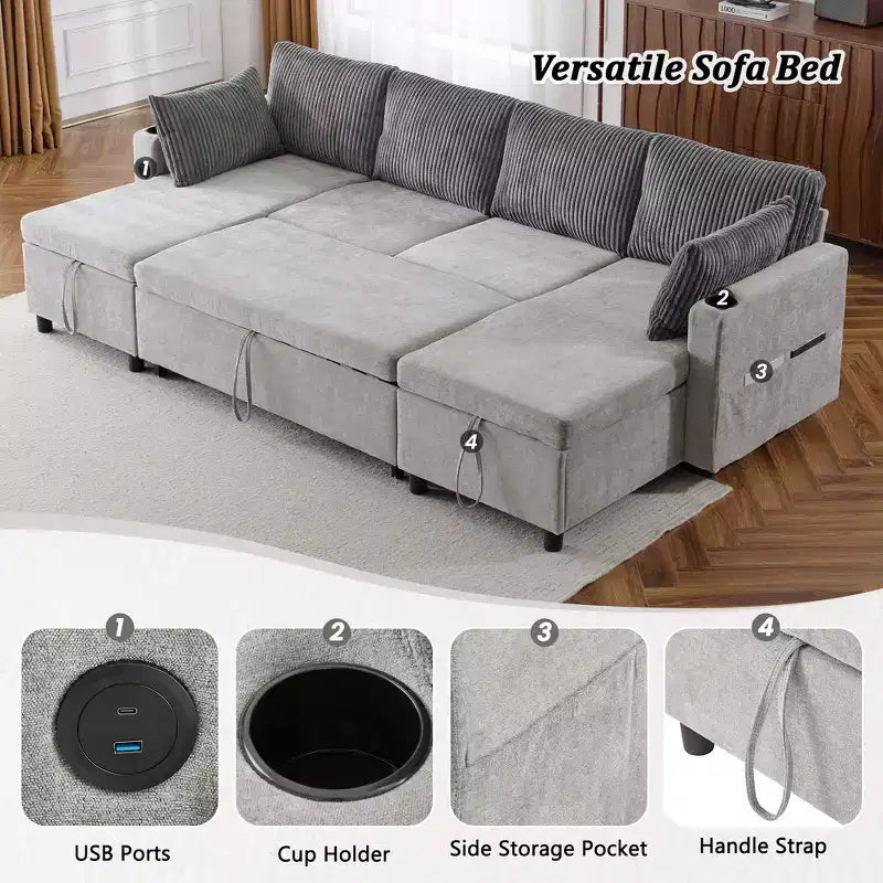 Whisen 113.4 Sectional Sofa, Pull-out Sofa Bed, Versatile Couch with Large Storage Space, Two Cup Holders