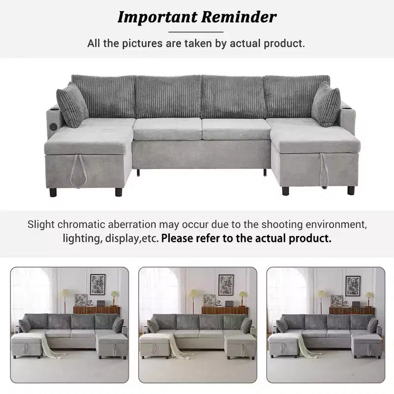 Whisen 113.4 Sectional Sofa, Pull-out Sofa Bed, Versatile Couch with Large Storage Space, Two Cup Holders