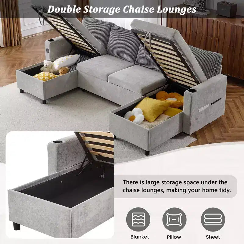 Whisen 113.4 Sectional Sofa, Pull-out Sofa Bed, Versatile Couch with Large Storage Space, Two Cup Holders