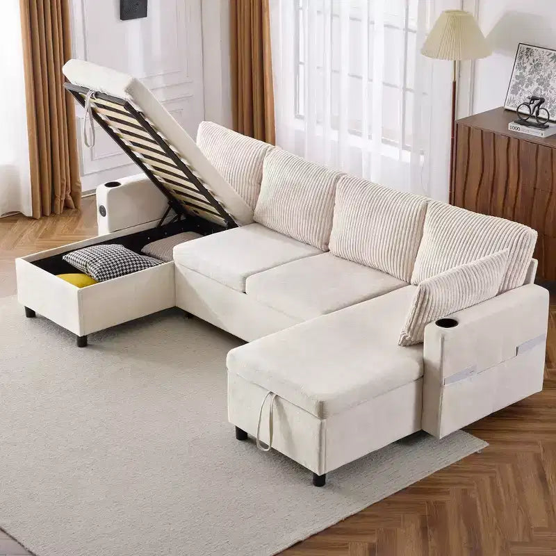 Whisen 113.4 Sectional Sofa, Pull-out Sofa Bed, Versatile Couch with Large Storage Space, Two Cup Holders
