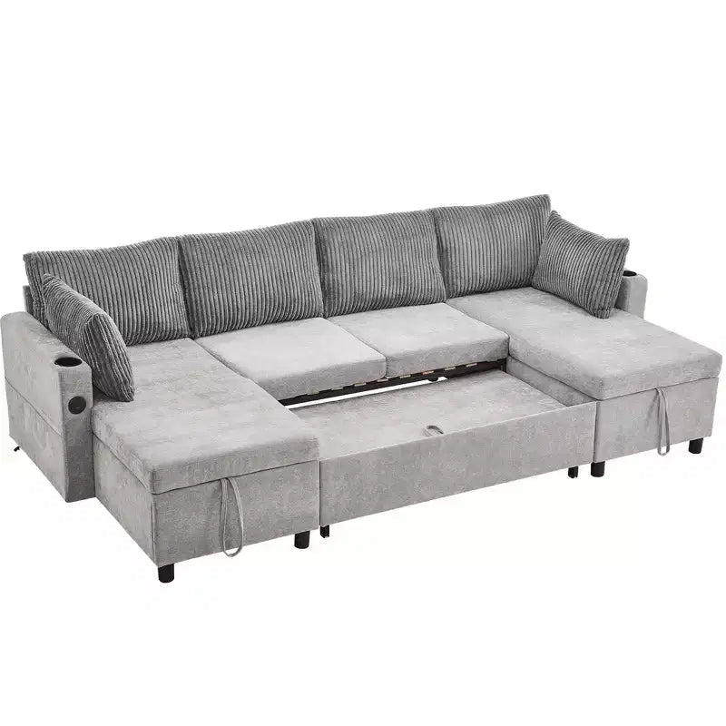 Whisen 113.4 Sectional Sofa, Pull-out Sofa Bed, Versatile Couch with Large Storage Space, Two Cup Holders