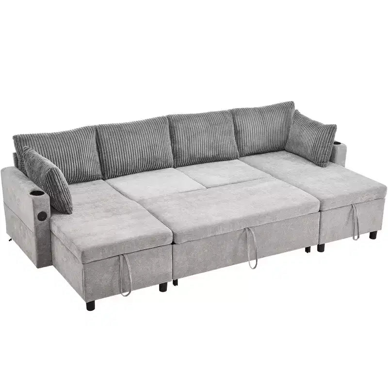 Whisen 113.4 Sectional Sofa, Pull-out Sofa Bed, Versatile Couch with Large Storage Space, Two Cup Holders
