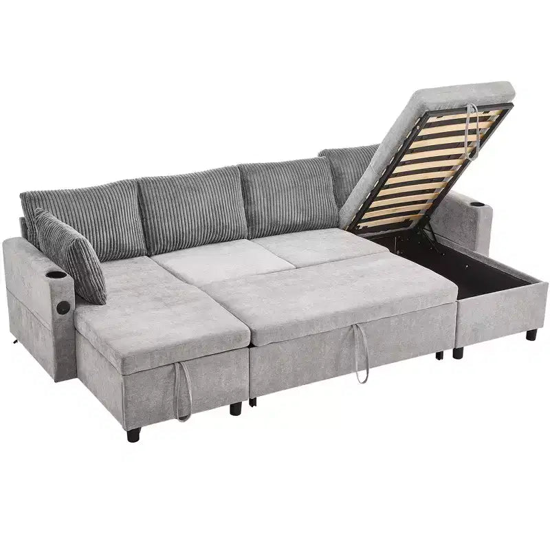 Whisen 113.4 Sectional Sofa, Pull-out Sofa Bed, Versatile Couch with Large Storage Space, Two Cup Holders