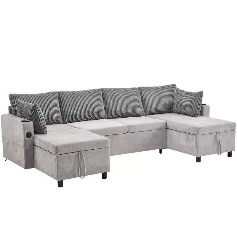 Whisen 113.4 Sectional Sofa, Pull-out Sofa Bed, Versatile Couch with Large Storage Space, Two Cup Holders