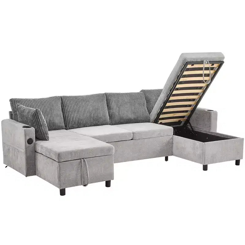 Whisen 113.4 Sectional Sofa, Pull-out Sofa Bed, Versatile Couch with Large Storage Space, Two Cup Holders