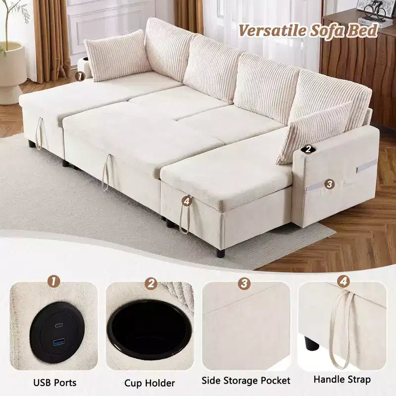 Whisen 113.4 Sectional Sofa, Pull-out Sofa Bed, Versatile Couch with Large Storage Space, Two Cup Holders