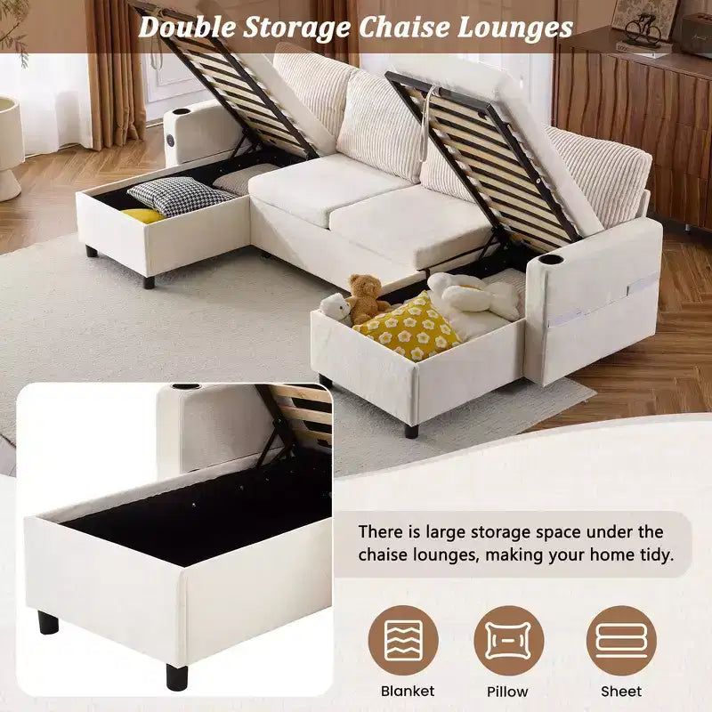 Whisen 113.4 Sectional Sofa, Pull-out Sofa Bed, Versatile Couch with Large Storage Space, Two Cup Holders